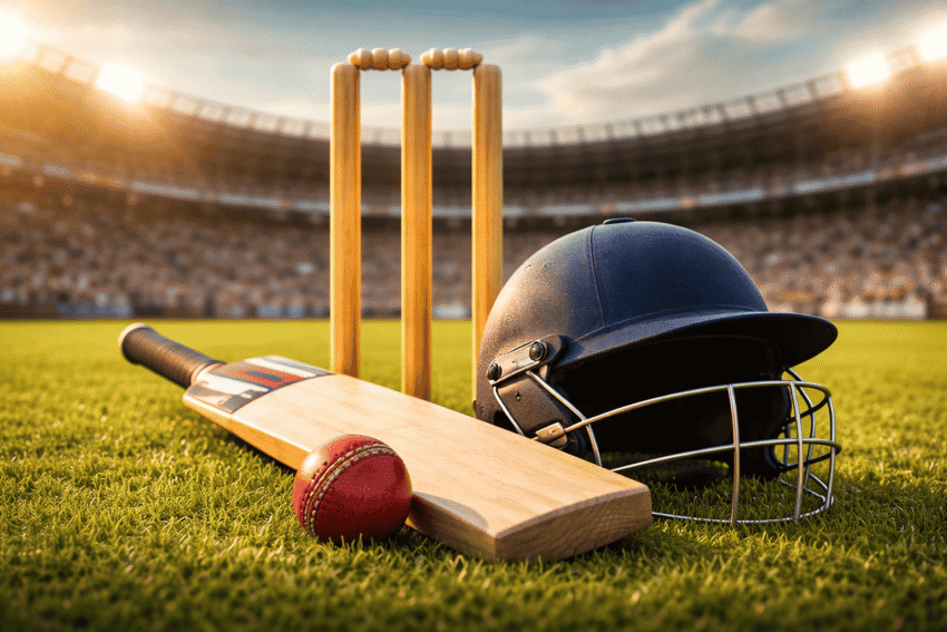 cricket equipment in a cricket ground to explain cricket rules